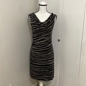LOFT Womens sz M Dress Black Stripe Cowl Neck Sleeveless Midi Pencil Sheath